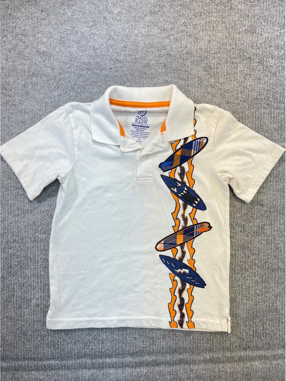 365 Kids From Garanimals Boys Size 6 White Short Sleeve Surfboard Polo Shirt